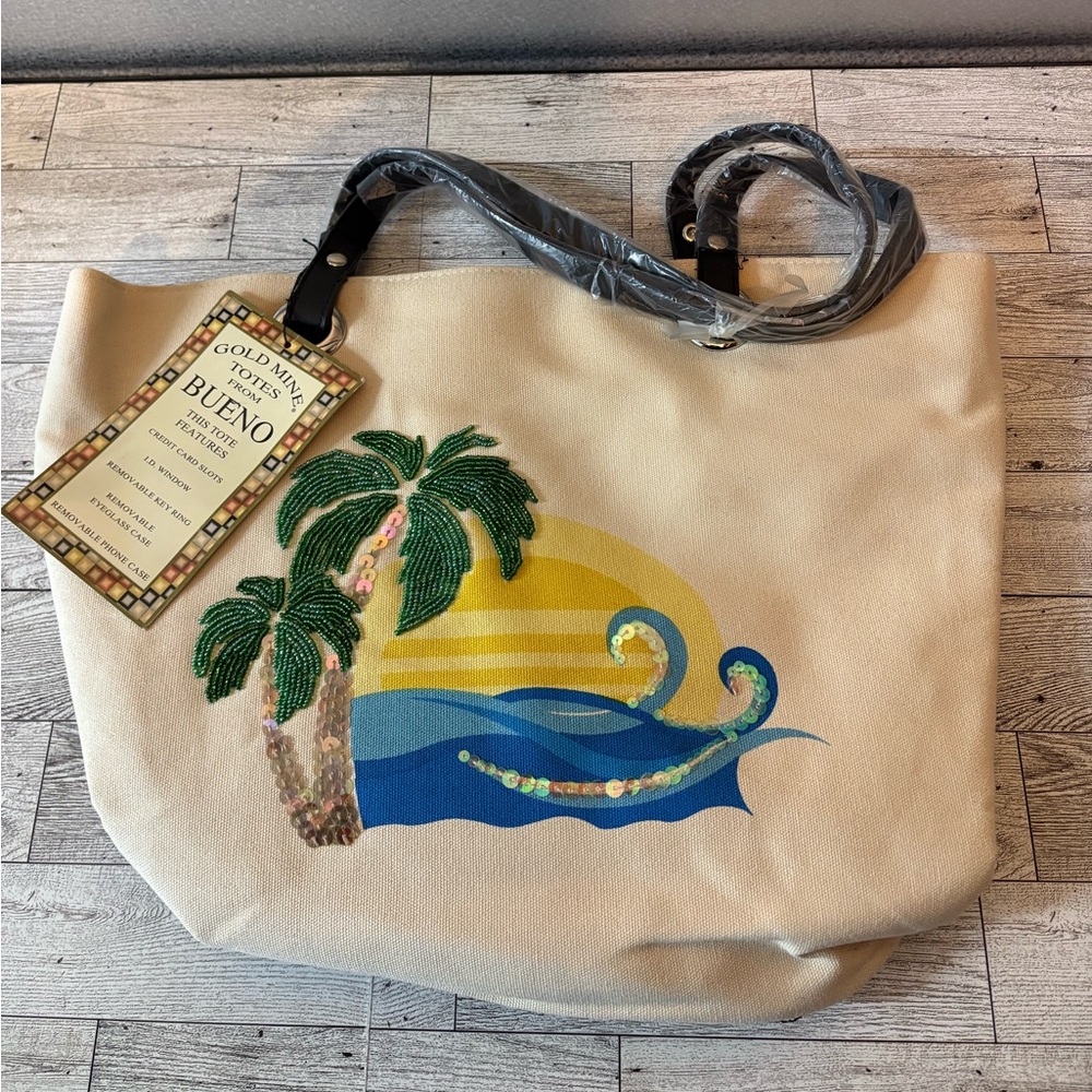 Bueno Cream Tote Bag with Tropical Design